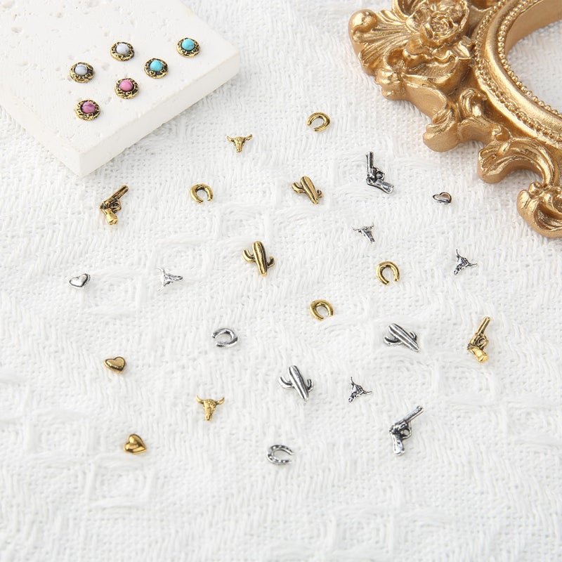 Ohmique 30 PCS Western Nail Charms - Retro Metal Cowboy Cowgirl Turquoise Nail Charms Western Stickers Decals Gems Decor, Vintage Turquoise Jewelry for DIY Crafts Art Accessories - Image 3